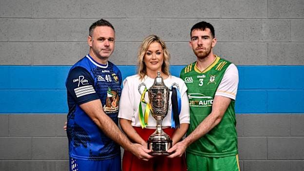 GAA Rounders president Paula Doherty with Senior Men's finalists Damien McArdle of Erne Eagles, Cavan, left, and Oran Kiernan of Carrickmacross Emmets, Monaghan, at Croke Park ahead of the GAA Rounders All-Ireland Competitions finals. Photo by Piaras Ó Mídheach/Sportsfile