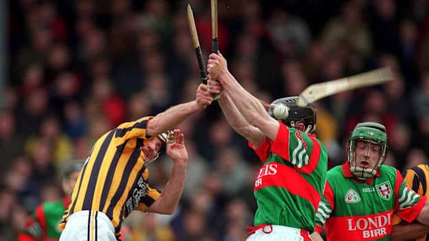 Billy Dooley, Seir Kieran, and John Paul O'Meara, Birr, in action during the 2001 Offaly SHC Final. Photo by Brendan Moran/Sportsfile