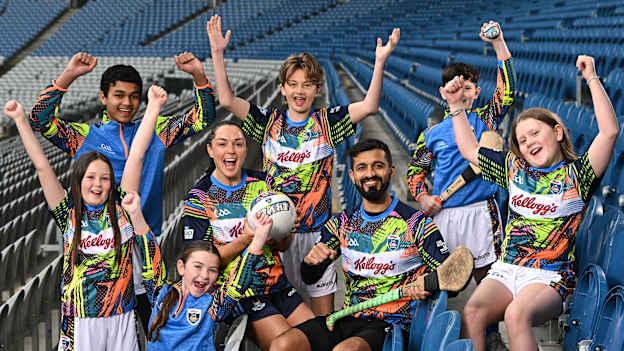 In attendance at the launch of the 2024 Kellogg’s GAA Cúl Camps are Dublin ladies footballer Sinead Goldrick, and Former Leitrim hurler Zak Moradi, with pupils from St Laurence O'Tooles National School in Dublin 1, from left, Amelia Lilly Kelly, aged 10, Tawsif Ahamd, aged 13, Katie Conroy, aged 8, Makar Sviderski, aged 13, Max Learmouth, aged 8, and Maddie Moir, aged 10, at Croke Park in Dublin.