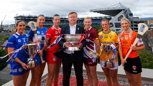 Cavan's Roisin O'Keeffe, Laois' Aimee Collier, Cork's Ashling Thompson, Camogie Association President Brian Molloy, Galway's Shauna Healy, Antrim's Caitriona Graham and Armagh's Rachael Trainor pictured at the 2026 Glen Dimplex All-Ireland Camogie Championship Final Media Day at the Maldron Hotel Croke Park.