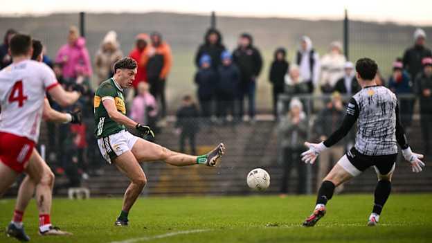David Clifford of Kerry scores his side's first goal past Tyrone goalkeeper Niall Morgan during the Allianz Football League Division 1 match between Tyrone and Kerry at Pomeroy Plunkett's GAA Club in Pomeroy, Tyrone. Photo by Ramsey Cardy/Sportsfile.