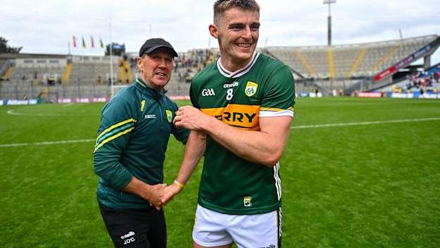 Diarmuid O'Connor of Kerry, right, and Kerry manager Jack O'Connor celebrate after the GAA Football All-Ireland Senior Championship quarter-final match between Kerry and Derry at Croke Park in Dublin. Photo by Ben McShane/Sportsfile.