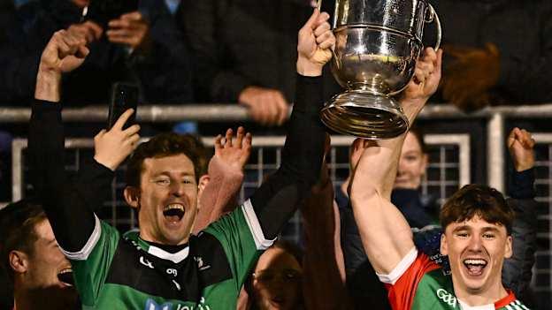 Ballina Stephenites joint-captains David Clarke, left, and Sam Callinan lift the Paddy Moclair Cup after their side's victory in the Mayo County Senior Club Football Championship final match between Ballina Stephenites and Knockmore at Hastings Insurance MacHale Park in Castlebar, Mayo. Photo by Piaras Ó Mídheach/Sportsfile.