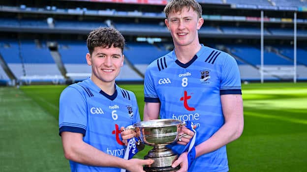 Joint captains of St Ciarán's College Ballygawley in Tyrone Micheal Mullin, left, and Darren McAnespie with the cup ahead of the upcoming Masita All Ireland PPS Dr Eamonn O’Sullivan Football Final against Balla Secondary School in Mayo during the Masita All-Ireland Post Primary Schools Finals 2026 launch at Croke Park in Dublin. Photo by Piaras Ó Mídheach/Sportsfile.