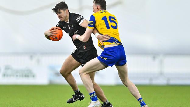 Patrick O'Connor, Sligo, and Jack Duggan, Roscommon, in Connacht FBD League action. Photo by Piaras Ó Mídheach/Sportsfile