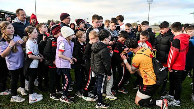 Young supporters form a queue as Tyrone goalkeeper Niall Morgan signs autographs after the 2025 Allianz Football League Division 1 match between Tyrone and Dublin at O'Neills Healy Park in Omagh, Tyrone. Photo by Ray McManus/Sportsfile.