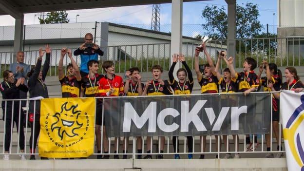 The EC Gaelic Club Brussels players celebrate after winning the 2024 Gaelic Games Europe Féile Final. 