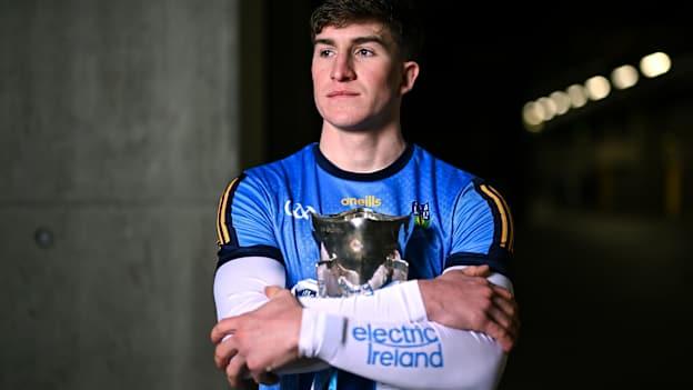 Daire Cregg of UCD poses for a portrait with the Sigerson Cup before the draw for the Electric Ireland GAA Higher Education Championships at Croke Park in Dublin. Photo by Piaras Ó Mídheach/Sportsfile