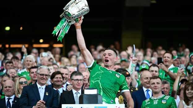 Gearóid Hegarty of Limerick lifts the Liam MacCarthy Cup following victory in the GAA Hurling All-Ireland Senior Championship Final match between Galway and Limerick at Croke Park in Dublin. Photo by Stephen McCarthy/Sportsfile.