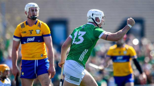 Aaron Gillane of Limerick celebrates after scoring his side's third goal as Conor Cleary of Clare looks on during the Munster GAA Hurling Senior Championship Round 1 match between Clare and Limerick at Cusack Park in Ennis, Clare. Photo by John Sheridan/Sportsfile.