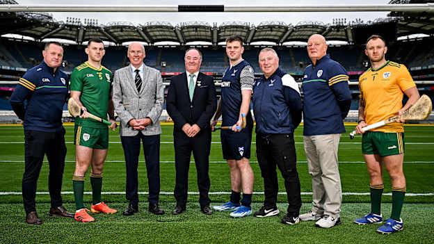 In attendance during the Shinty Hurling International 2024 launch at Croke Park in Dublin are, from left, Joint Ireland manager Michael Kavanagh, Ireland player Eoin Cody, Shinty President Burton Morrisson, Leinster GAA Chairperson Derek Kent, Scotland player Craig Morrison, Scotland manager Gary Reid, Joint Ireland manager Terence McNaughton and Ireland captain Enda Rowland. Photo by Sam Barnes/Sportsfile