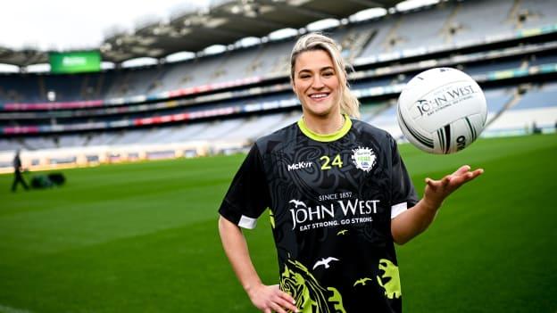 John West Féile Ambassador and Mayo footballer Danielle Caldwell during the launch of the John West Féile 2024 at Croke Park in Dublin. Photo by Ramsey Cardy/Sportsfile.