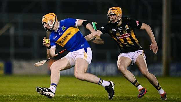 Jake Morris, Tipperary, and Richie Reid, Kilkenny, in Allianz Hurling League action. Photo by Ben McShane/Sportsfile