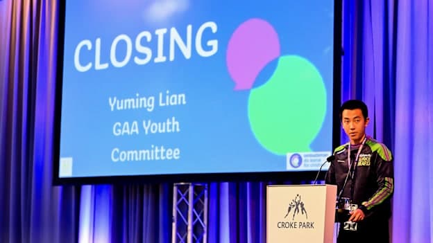 Yuming Lian, GAA Youth Committe, speaking at the GAA Youth Forum 2025 at Croke Park in Dublin. Photo by Piaras Ó Mídheach/Sportsfile.