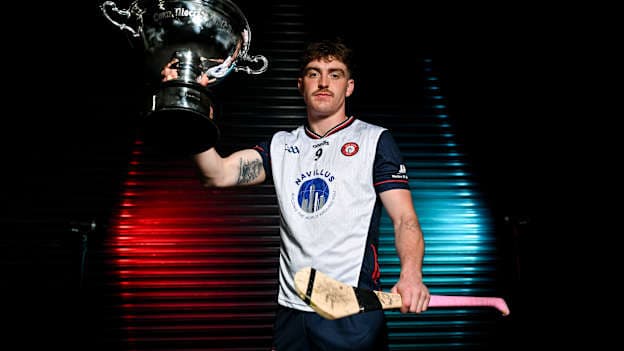 New York hurler Adam Loughlin Stones pictured with the Nickey Rackard Cup. Photo by Sam Barnes/Sportsfile
