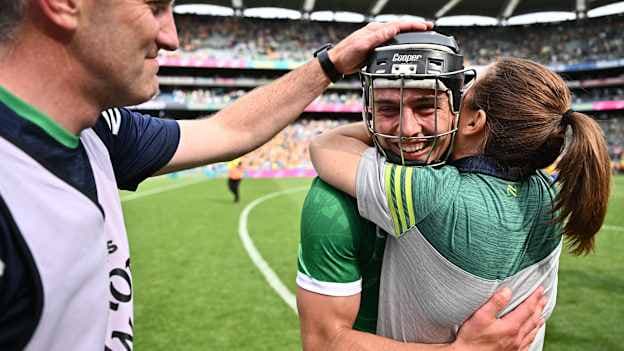 Aidan O'Connor of Limerick celebrates with Limerick sports psychologist Caroline Currid and Limerick selector Donal O'Grady after the GAA Hurling All-Ireland Senior Championship semi-final match between Clare and Limerick at Croke Park in Dublin. Photo by Piaras Ó Mídheach/Sportsfile.