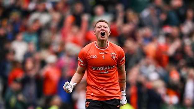 Armagh goalkeeper Blaine Hughes celebrates at the final whistle after his side's victory in the GAA Football All-Ireland Senior Championship semi-final match between Armagh and Kerry at Croke Park in Dublin. Photo by Seb Daly/Sportsfile.