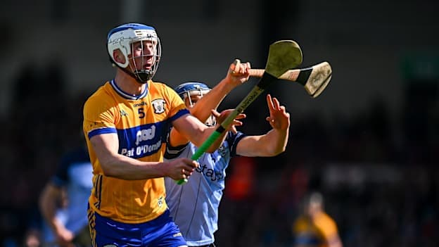Diarmuid Ryan, Clare, and Dara Purcell, Dublin, in Allianz Hurling League Division 1B Final action earlier this year. Photo by Piaras Ó Mídheach/Sportsfile