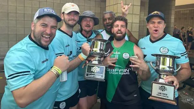 Left to right: American born Celtic Cowboys - Keith Vosgerau, Bennett Burke, Nathaniel Bruso, Ashok Perrera, Brady Freehill, and Rich Renteria. Photo by Seán McWilliams.