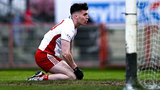 Eoin McElholm of Tyrone reacts after a missed opportunity on goal during the Allianz Football League Division 2 match between Tyrone and Cavan at O'Neill's Healy Park in Omagh, Tyrone. Photo by Ben McShane/Sportsfile.