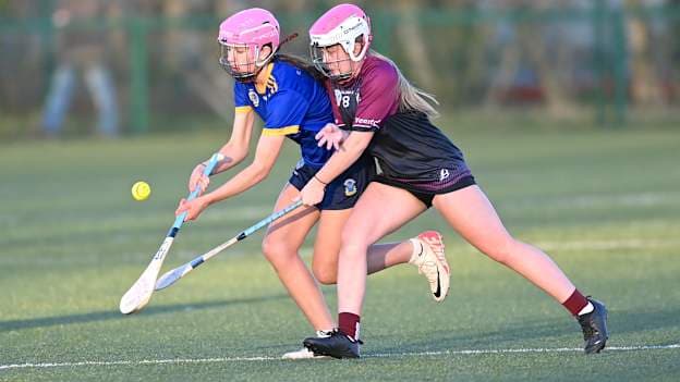 Action from an Antrim Schools Cup Camogie match between St. Louis Grammar School and St. Dominic's Grammar School. 