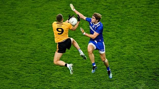 Conn Kilpatrick of Ulster is tackled by Ian Maguire of Munster during the Allianz GAA Football Interprovincial Championship semi-final match between Munster and Ulster at Croke Park in Dublin. Photo by Brendan Moran/Sportsfile.