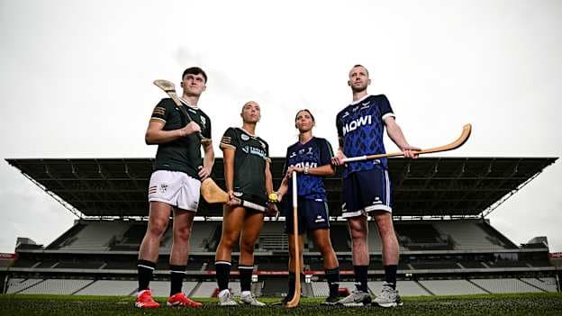 Ireland Hurling/Shinty player Darragh Neary, Galway, Ireland Camogie/Shinty player Laura Hayes, Cork, Scotland Camogie/Shinty player Natalie McDonald, Lochaber Camanachd Club, and Scotland Hurling/Shinty player Rory Kennedy, Newtonmore Camanachd Club, pictured at SuperValu Páirc Uí Chaoimh. Photo by Seb Daly/Sportsfile