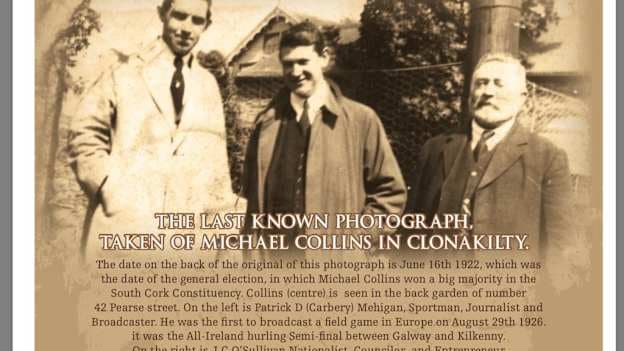 PD Mehigan pictured in 1922 alongside JC O'Sullivan and Michael Collins. Photo courtesy of Denis Mehigan