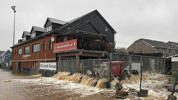 Sarsfields Hurling Club's pitch after being flooded by Storm Babet in October 2023. 
