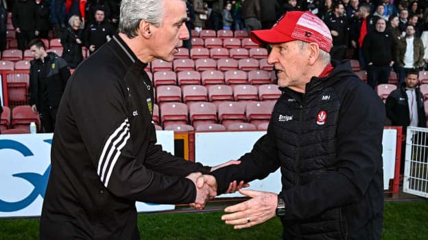 Donegal manager Jim McGuinness, left, and Derry manager Mickey Harte shake hands after the Ulster GAA Football Senior Championship quarter-final match between Derry and Donegal at Celtic Park in Derry. Photo by Seb Daly/Sportsfile.
