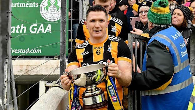 Danesfort's Paul Murphy with the Tommy Murphy Cup, named in honour of his late father, after their win over Ratoath in the Leinster IHC final at Páirc Tailteann. Photograph courtesy of kilkennygaa.ie taken by Willie Dempsey. 