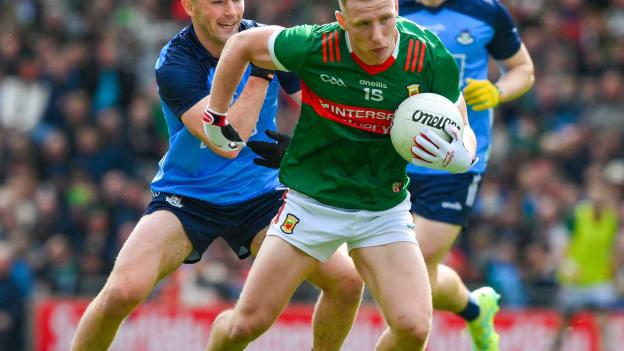 Ryan O'Donoghue of Mayo in action against Colm Basquel of Dublin during the GAA Football All-Ireland Senior Championship quarter-final match between Dublin and Mayo at Croke Park in Dublin. Photo by Ray McManus