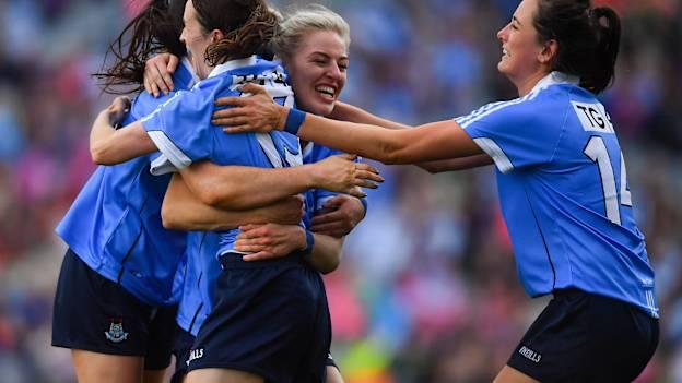  Dublin players, from left, Sinéad Goldrick, Sinéad Aherne, Nicole Owens and Niamh McEvoy celebrate at the final whistle of the TG4 Ladies Football All-Ireland Senior Championship Final match between Dublin and Mayo at Croke Park in Dublin. Photo by Brendan Moran/Sportsfile.
