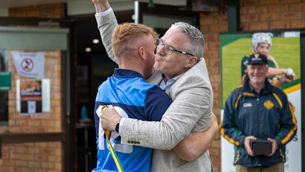 Ard Mhacha abú! GAA President Jarlath Burns presenting fellow countyman Diarmuid Rafferty of New South Wales (and St Colmcilles Grange) with his Australasia Championships men's senior football medal. Photo credit: An Astráil.