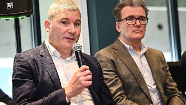 GAA Football Review Committee member James Horan, left, speaking during a briefing of the GAA Football Review Committee at Croke Park in Dublin. Photo by Seb Daly/Sportsfile.