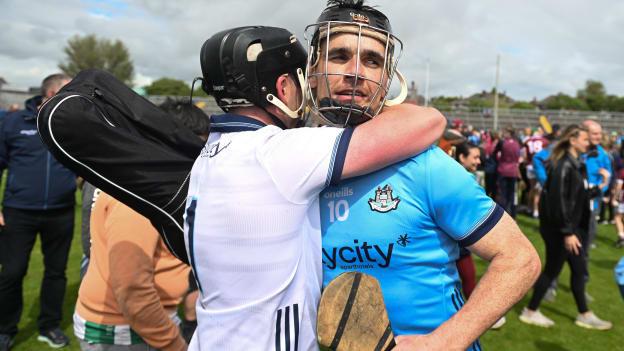 Danny Sutcliffe of Dublin celebrates with Seán Brennan after the 2024 Leinster GAA Hurling Senior Championship Round 5 match between Galway and Dublin at Pearse Stadium in Galway. Photo by Daire Brennan/Sportsfile