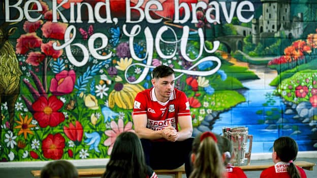Pupils of Scoil Chroí Íosa, Blarney, during an interview session with former pupil of Scoil Chroí Íosa and Cork hurler Mark Coleman in advance of the launch of the 2026 All-Ireland Senior Hurling Championship. Photo by Brendan Moran/Sportsfile