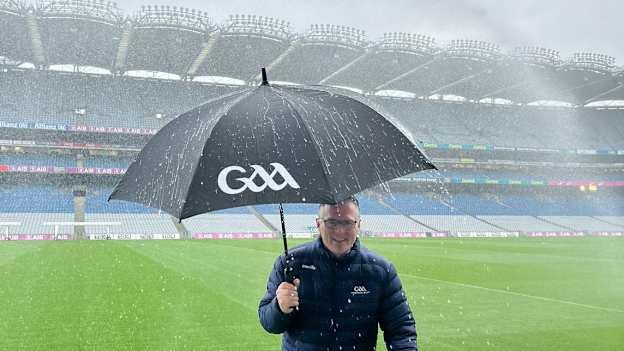 GAA President Jarlath BUrns pictured as rainwater harvested from the Croke Park roof is used to irrigate the pitch for the first time. 