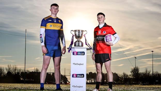 Naomh Pádraig footballer, Kevin Lynch, left, pictured with An Cheathrú Rua footballer, Fergal Ó Sé, before Saturday's AIB All-Ireland Club Junior Football Championship Final. 
