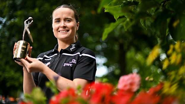 PwC GPA Player of the Month for July in ladies’ football, Nicola Ward of Galway, with her award at Eyre Square in Galway. Photo by Sam Barnes/Sportsfile