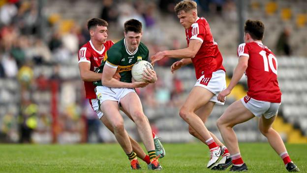 Ben Murphy, Kerry, in Electric Ireland Munster MFC Final action against Cork's Cian O’Connor, Harry Cogan, and Danny Miskella at Páirc Uí Rinn. Photo by Brendan Moran/Sportsfile