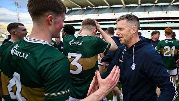 Kerry manager Tomas Ó Sé and Dara Stack after the Dalata Hotels Group GAA Football All-Ireland U20 Championship final match between Kerry and Tyrone at Croke Park in Dublin. Photo by Seb Daly/Sportsfile.