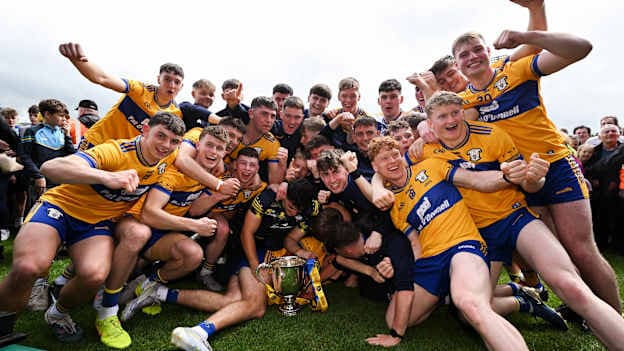 The Clare team celebrate with the James Nowlan cup after the Fulfil GAA Hurling All-Ireland U20 Championship final match between Clare and Galway at FBD Semple Stadium in Thurles, Tipperary. Photo by Brendan Moran/Sportsfile.