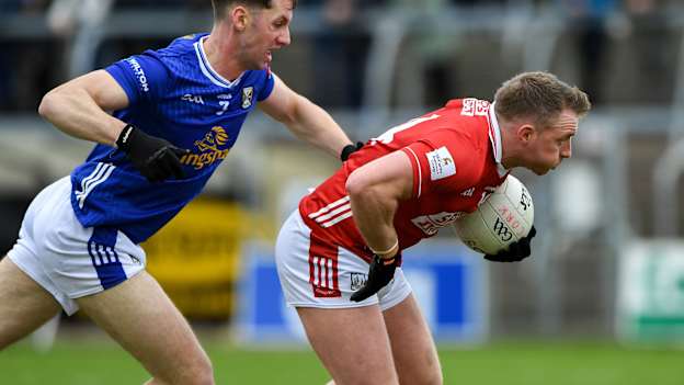 Brian Hurley of Cork in action against Brian O'Connell of Cavan during the Allianz Football League Division 2 match between Cavan and Cork at Kingspan Breffni in Cavan. Photo by Matt Browne/Sportsfile