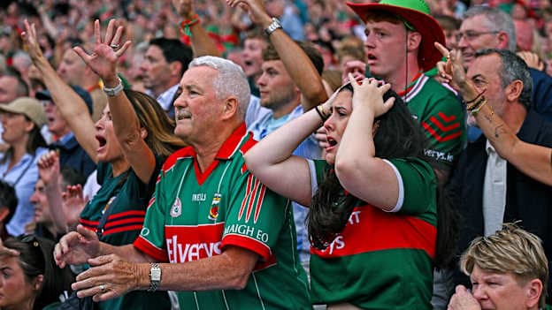 Mayo supporters react during the GAA Football All-Ireland Senior Championship final match between Kerry and Mayo at Croke Park in Dublin. Photo by Seb Daly/Sportsfile.
