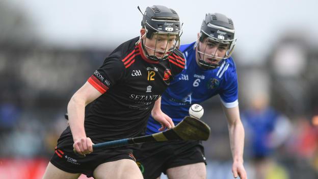 Michael Collins, Ardscoil Rís, and Jake Hackett, Nenagh CBS, in Harty Cup Final action at Cusack Park. Photo by John Sheridan/Sportsfile