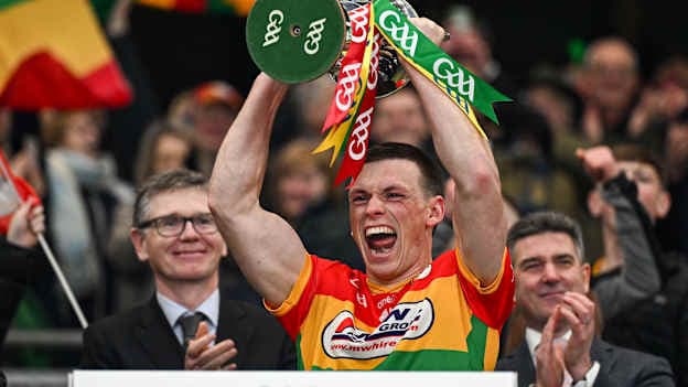 Carlow captain Mikey Bambrick lifts the cup after the Allianz Football League Division 4 final match between Carlow and Longford at Croke Park in Dublin. Photo by David Fitzgerald/Sportsfile.