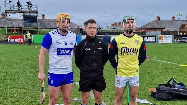Left to right: Waterford captain, Dessie Hutchinson, referee, Caymon Flynn, and Antrim captain, Nigel Elliott, pictured before their Allianz Hurling League Division 1B match today. 