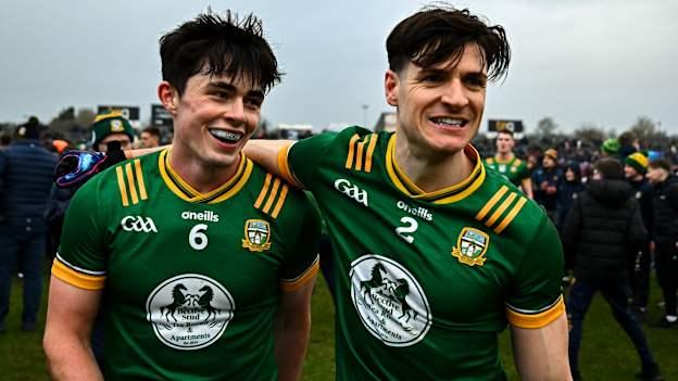 Eoin Harkin, left, and Seamus Lavin of Meath celebrate after their side's victory in the Allianz Football League Division 2 match between Westmeath and Meath at TEG Cusack Park in Mullingar, Westmeath. Photo by Tyler Miller/Sportsfile.