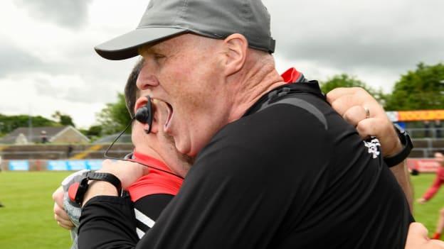 The Derry manager Damian McErlain celebrate after winning the Electric Ireland Ulster GAA Football Minor Championship final match between Armagh and Derry at O'Neill's Healy Park in Omagh, Tyrone. Photo by Philip Fitzpatrick/Sportsfile.